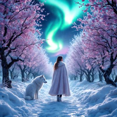 The primary subject of the image is a woman walking her dog in a snowy forest. The setting is a winter landscape with snow-covered trees and a night sky. The visual style is a digital art or illustration, creating a serene and magical atmosphere. The colors are predominantly white and pink, with the woman's coat and the dog's fur adding a touch of warmth to the scene.